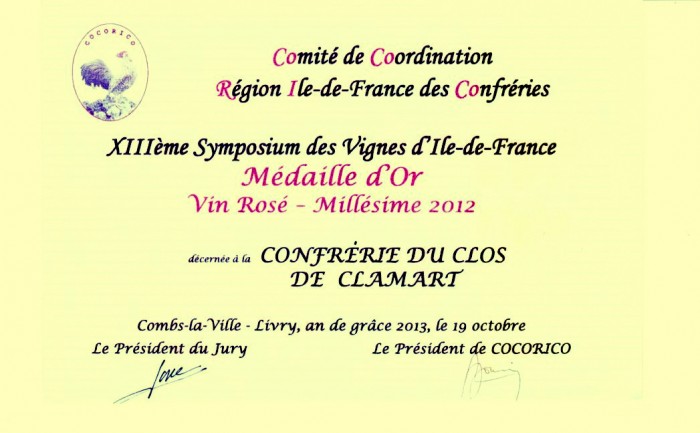Médaille d'Or Vin Rosé pour le Millésime 2012 au Symposium des Vignes d'Ile de France