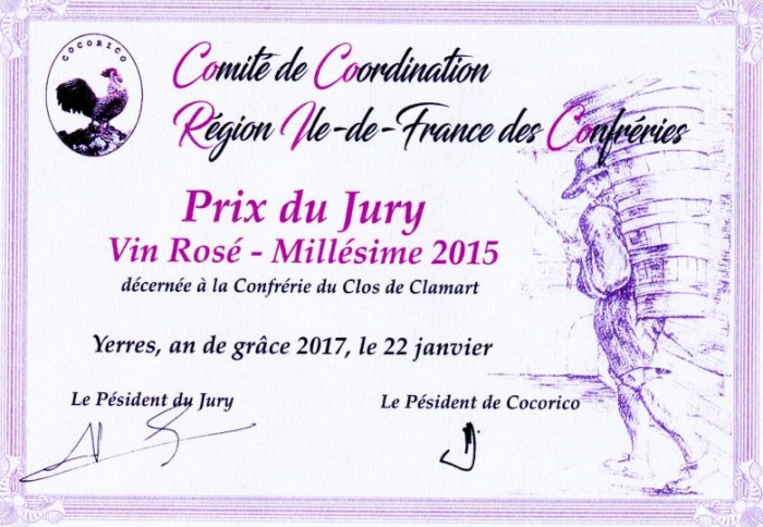Prix du Jury,  Vin Rosé Millésime 2015 remis à Yerres en 2017
