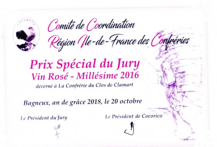 Prix spécial du Jury Vin Rosé Millésime 2016 remis à Bagneux en 2018