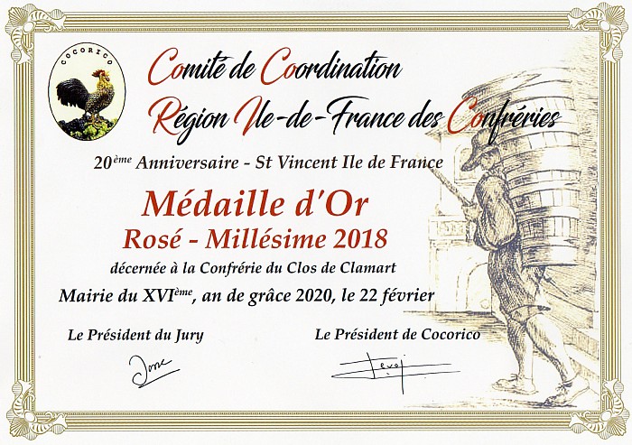 Diplôme Médaille d'Or pour le rosé millésime 2018 décerné par COCORICO